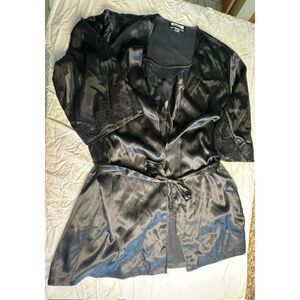 Nine & Company Black Satin Robe & Camisole Lingerie Set Lace Trim XL  8771